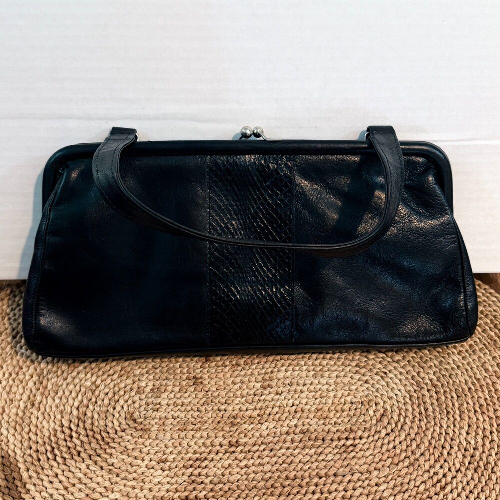 Naturalizer Black Genuine Leather Kiss Lock Shoulder Bag Snakeskin Embossed
